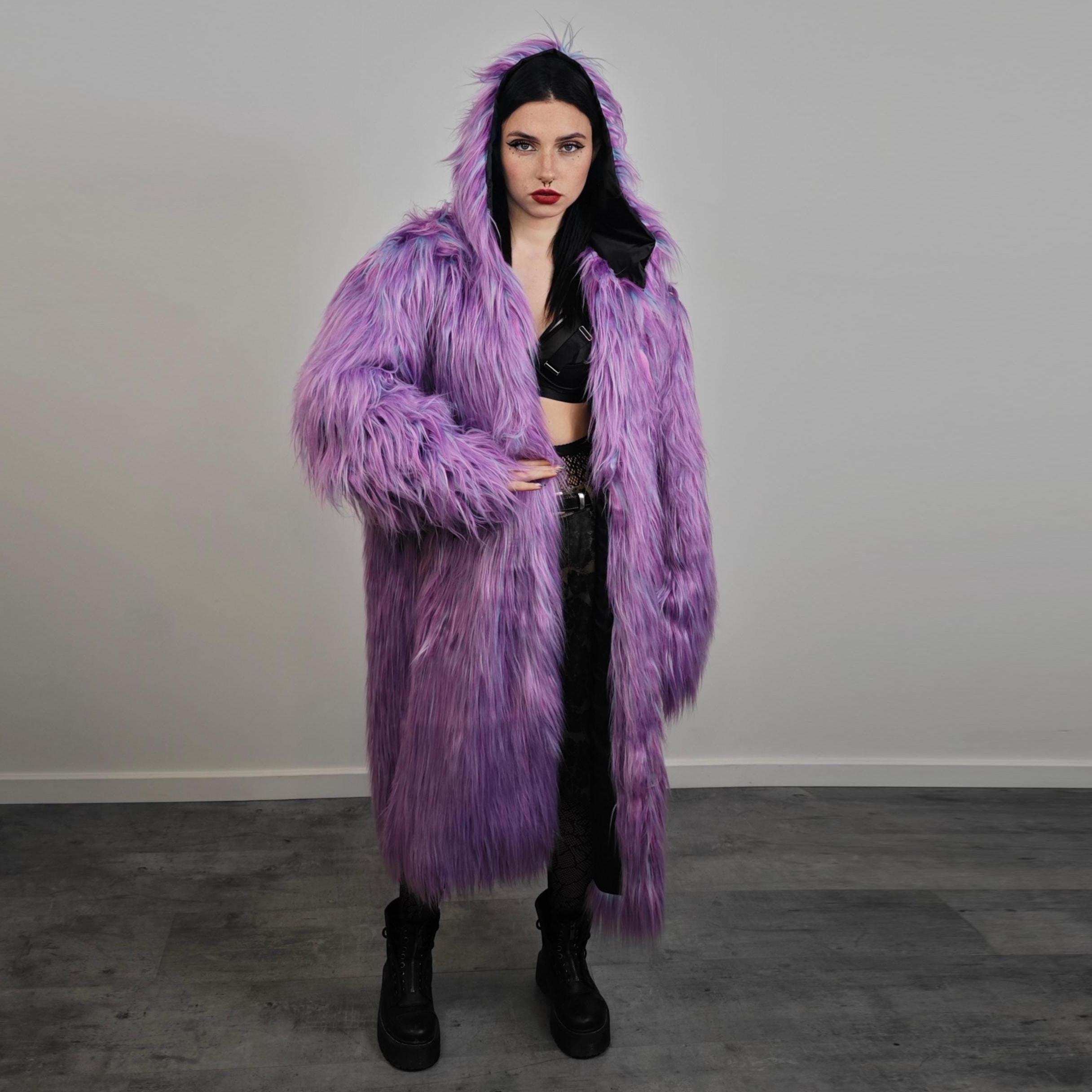 COS 紫 グラデーション fuzzyコート コクーンオーバーサイズ beams Shaggy Purple Haze Faux Fur Coat, Psychedelic Lilac Trench, Long