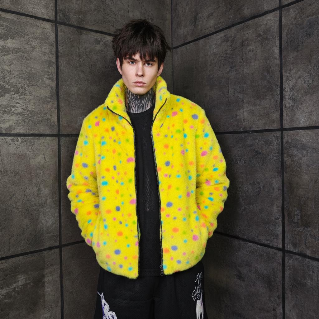 Clown Coat Yellow Funky Spotted Trench Psychedelic Print Bomber