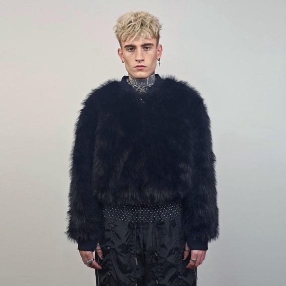 Black Faux Fur Bomber, Short Fluffy College Varsity Jacket