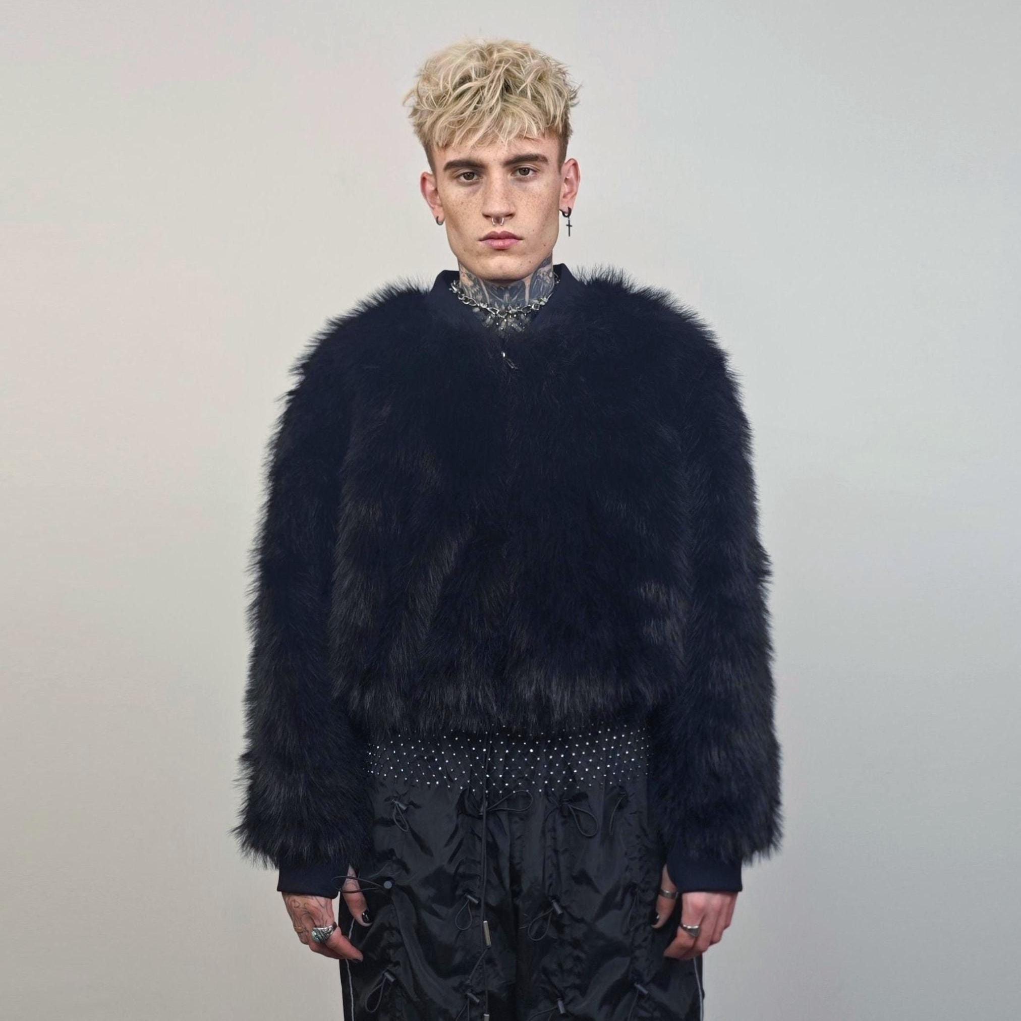 Black Faux Fur Bomber, Short Fluffy College Varsity Jacket