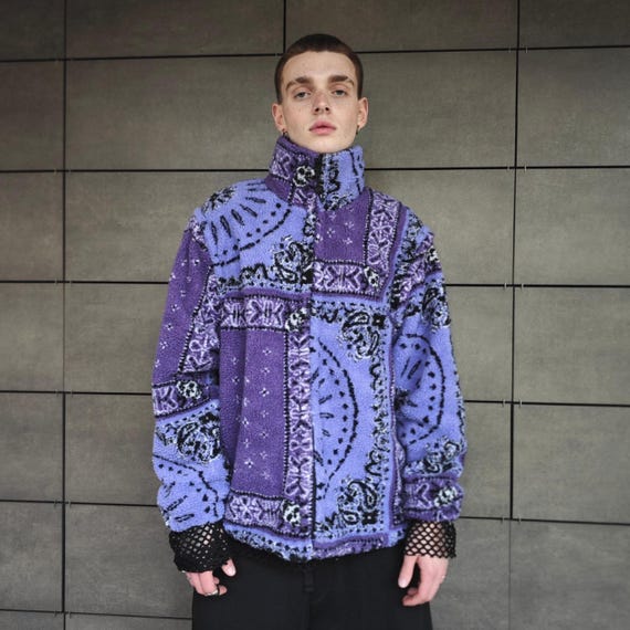 Bandana Track Jacket Purple Fleece Paisley Bomber Detachable
