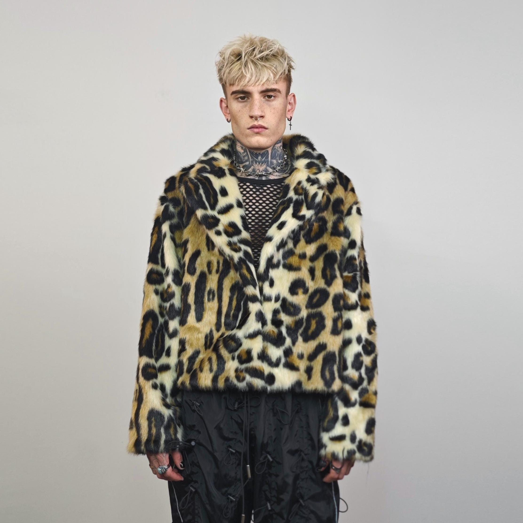Brown Black Leopard Cropped Coat Faux Fur Animal Print Playa