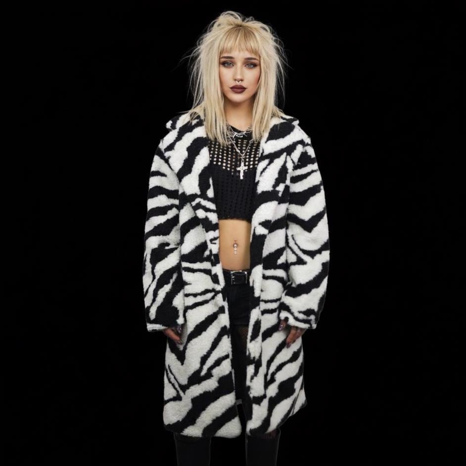 Zebra Teddy Fleece Coat in Black and White, Oversized Festival
