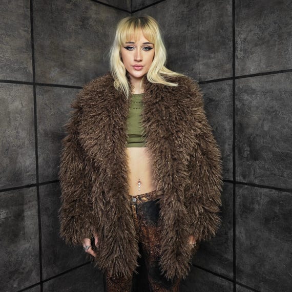 Brown Shaggy Faux Fur Jacket, Y2K Mob Wife Aesthetic Coat, Fluffy