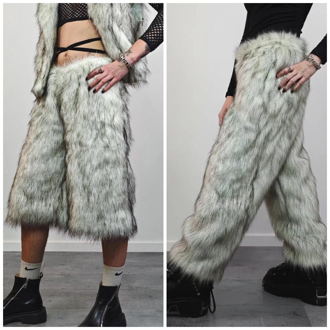 Black Faux Fur Shorts, Edgy Fluffy Joggers, Gothic Pants Style