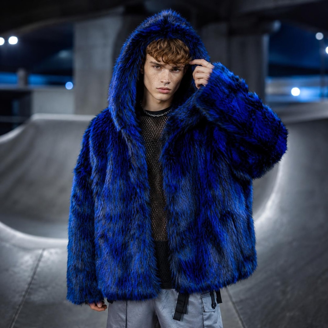 Electric Blue Faux Fur Coat, Hooded Shaggy Fur Jacket, Luminous