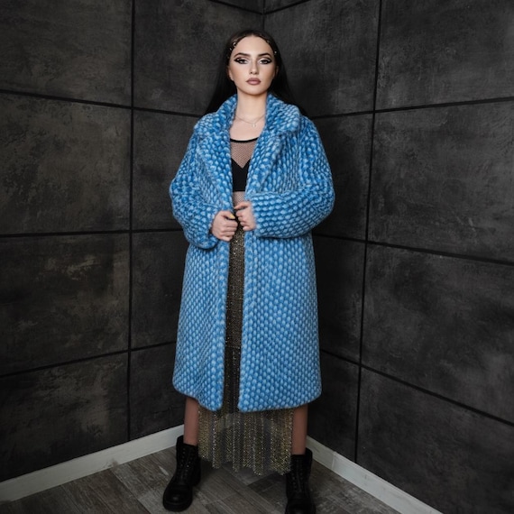 Hooded Checked Faux Fur Jacket, Green Geometric Mermaid Bomber