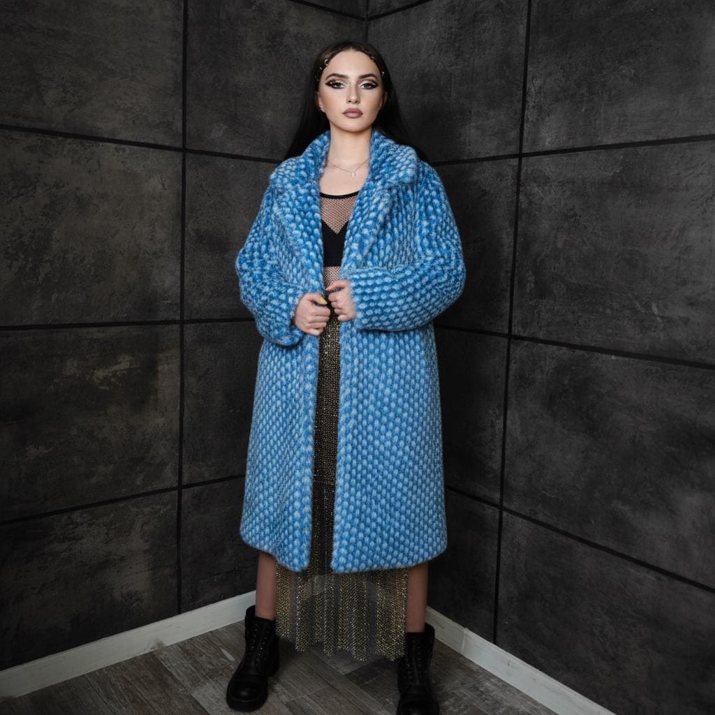Hooded Checked Faux Fur Jacket, Green Geometric Mermaid Bomber