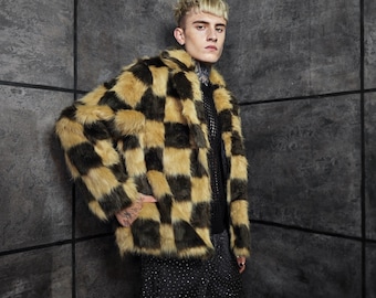 Checkered Faux Fur Coat Brown Checked Fluffy Festival Trench Fuzzy