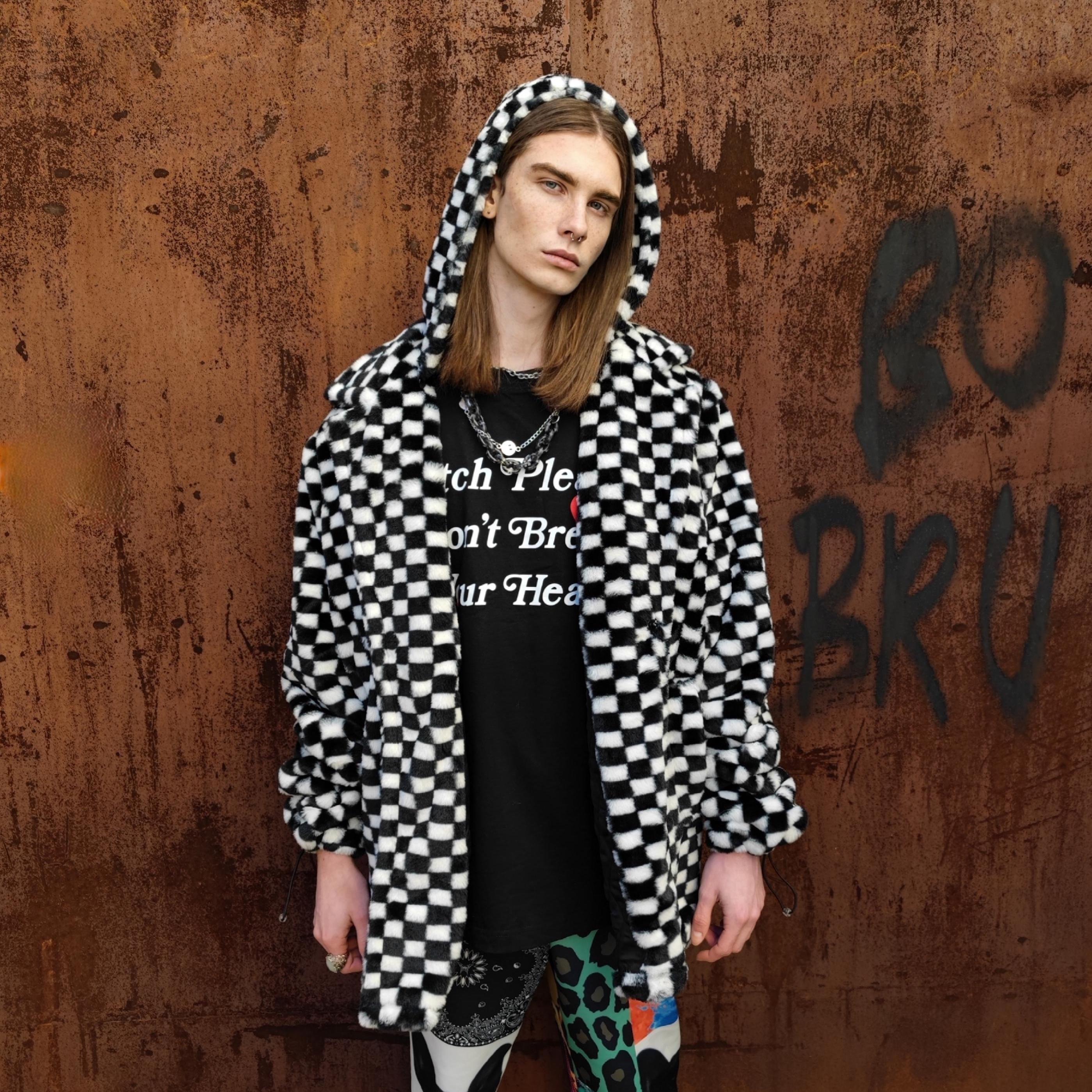ジャケット・アウター 00s archive ombre check far jacket y2k Check Fleece Coat White SKA Pattern Trench Chequerboard Jacket