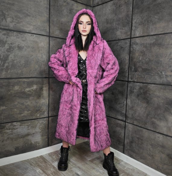 Pink Faux Fur Coat, Oil Wash 90s Trench Burner Rave Bomber, Fluffy