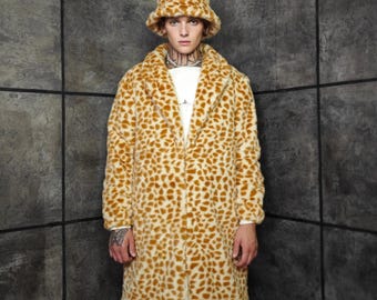Psychedelic Giraffe Orange Faux Fur Trench Coat, Long Festival