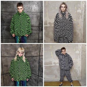 May include: Four images of checkered fleece jackets and matching sets. The jackets are either black and white or neon green and black. The outfits have a high collar and are worn by different people. The background is a textured wall.
