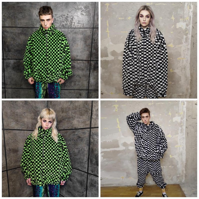 May include: Four images of checkered fleece jackets and matching sets. The jackets are either black and white or neon green and black. The outfits have a high collar and are worn by different people. The background is a textured wall.