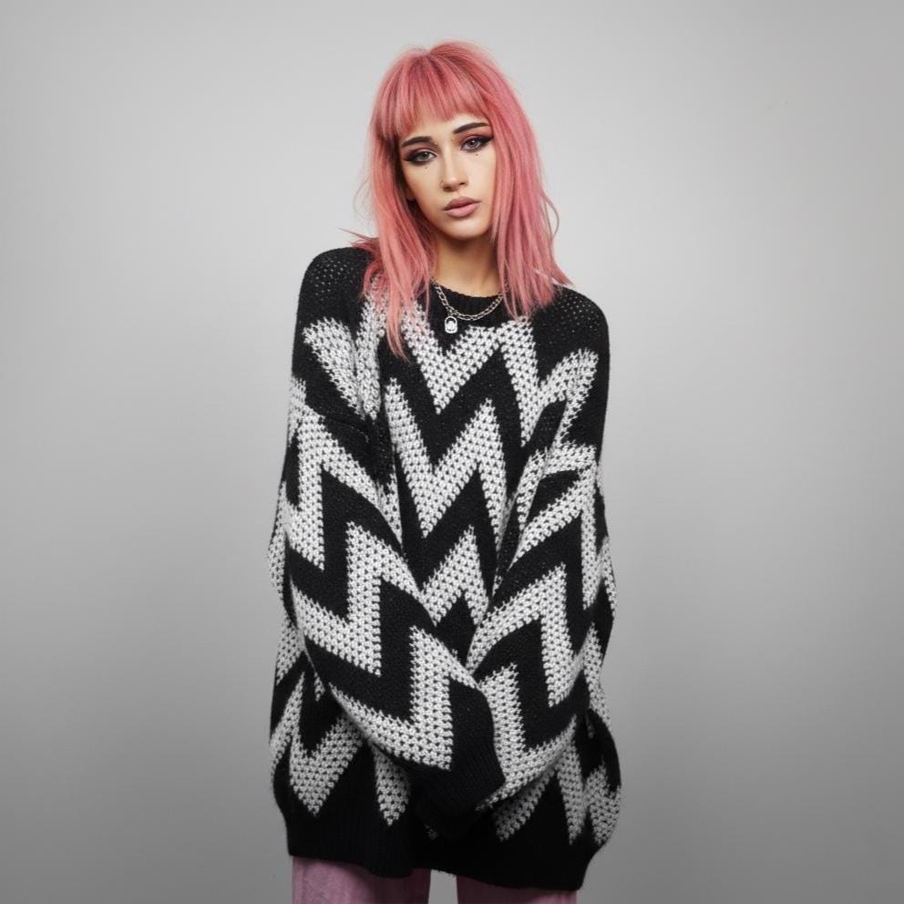 希少CH2 MUSIC KNIT STRIPPED 音符 SWAG Opium Black White Zigzag Stripe Sweater, Oversized E-girl Grunge Jumper