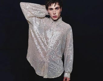 Silver Sequin Shirt Oversize, Glitter Blouse, Baggy Shiny Jumper, Long Sleeve Textured Top, Embellished Retro Festival Top, Button Up Party