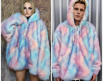Rainbow Faux Fur Coat Tiedye Trench Shaggy Cropped Gay