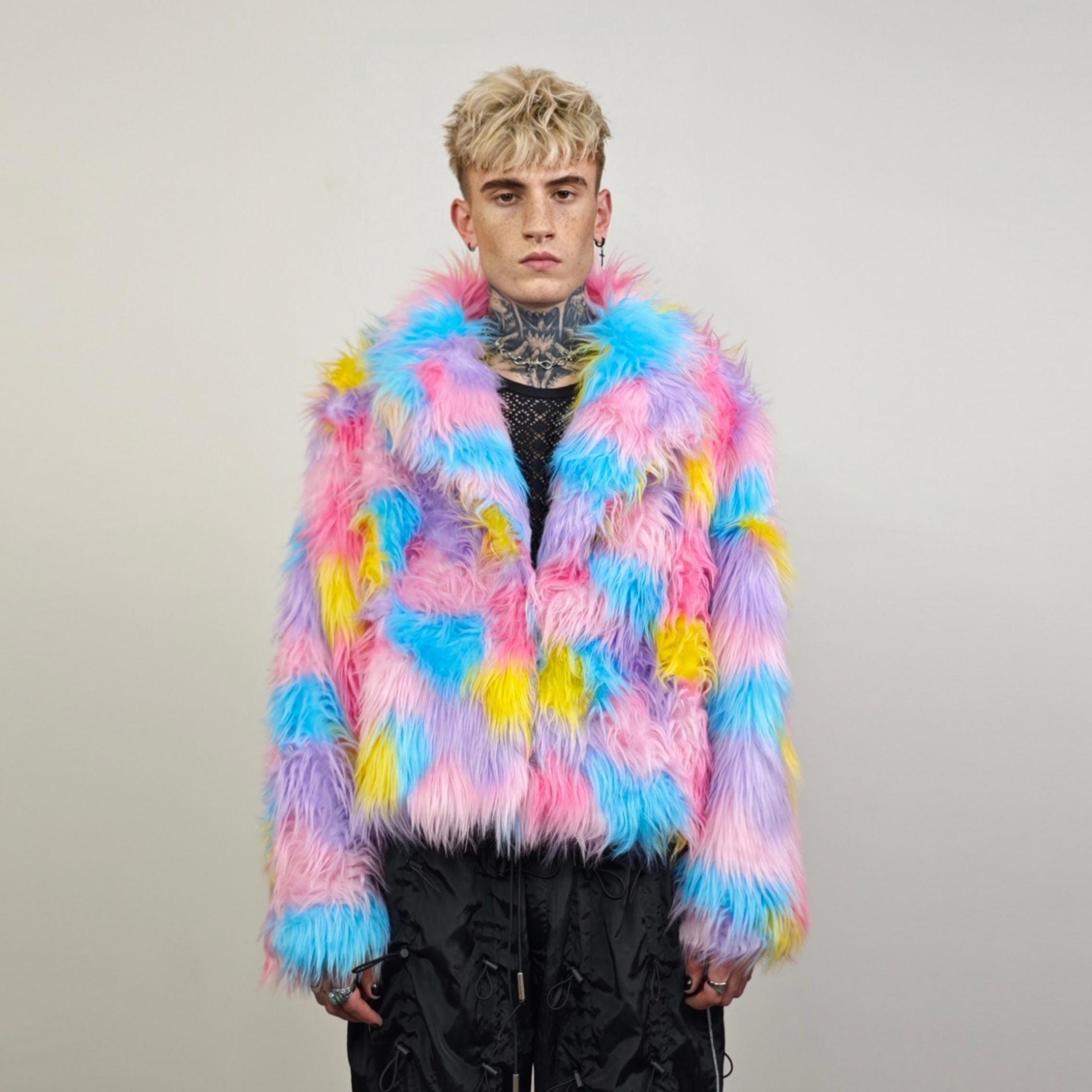Cropped Rainbow Faux Fur Coat, Marshmallow Plush Festival Trench