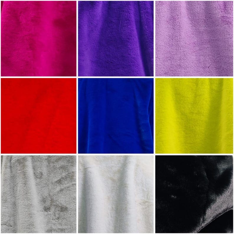 May include: Nine squares of plush fabric in various colors. The colors include hot pink, purple, light purple, red, blue, lime green, gray, white, and black. The fabric has a soft, fuzzy texture.