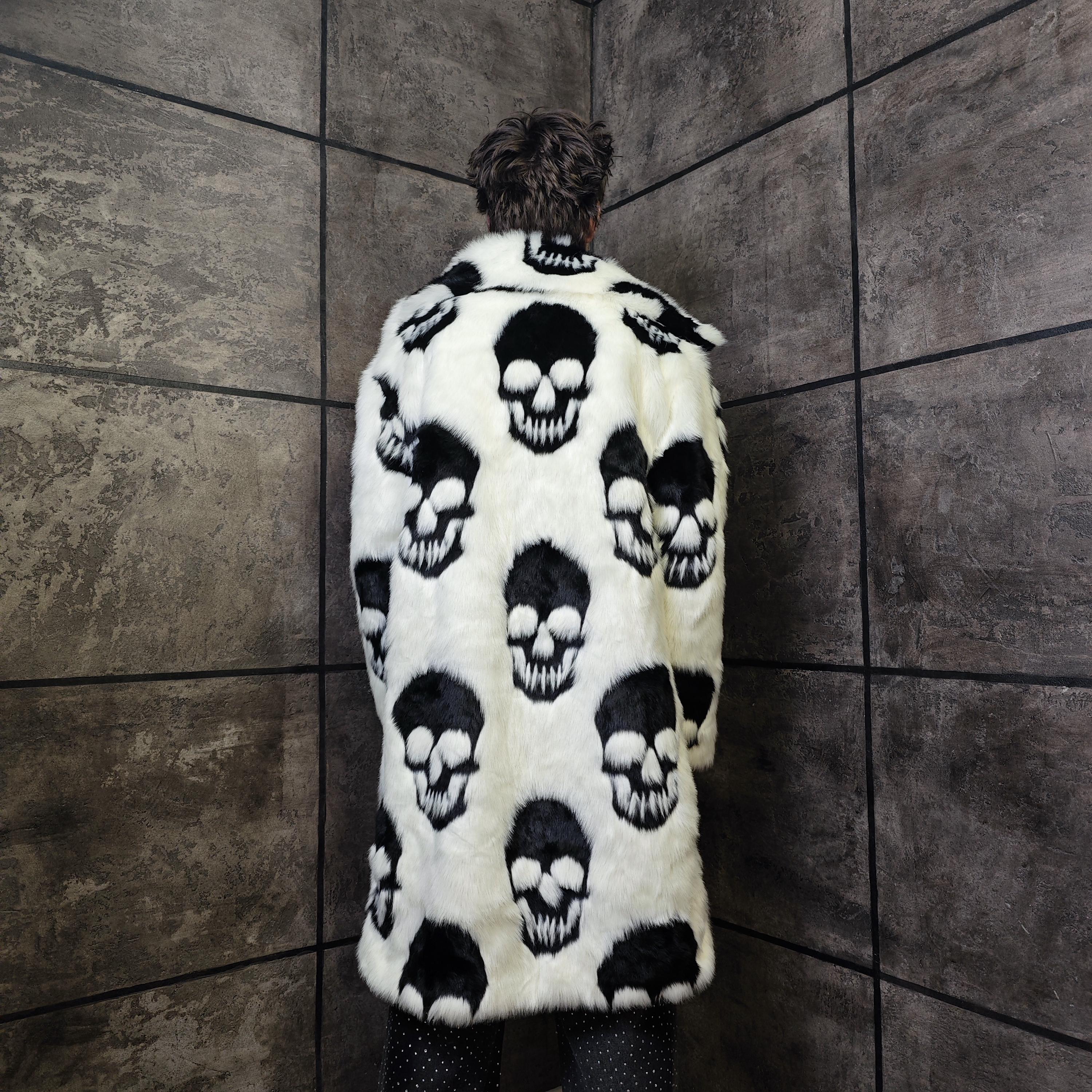Gothic Faux Fur Coat, Skull Print Trench Unisex, Skeleton Punk