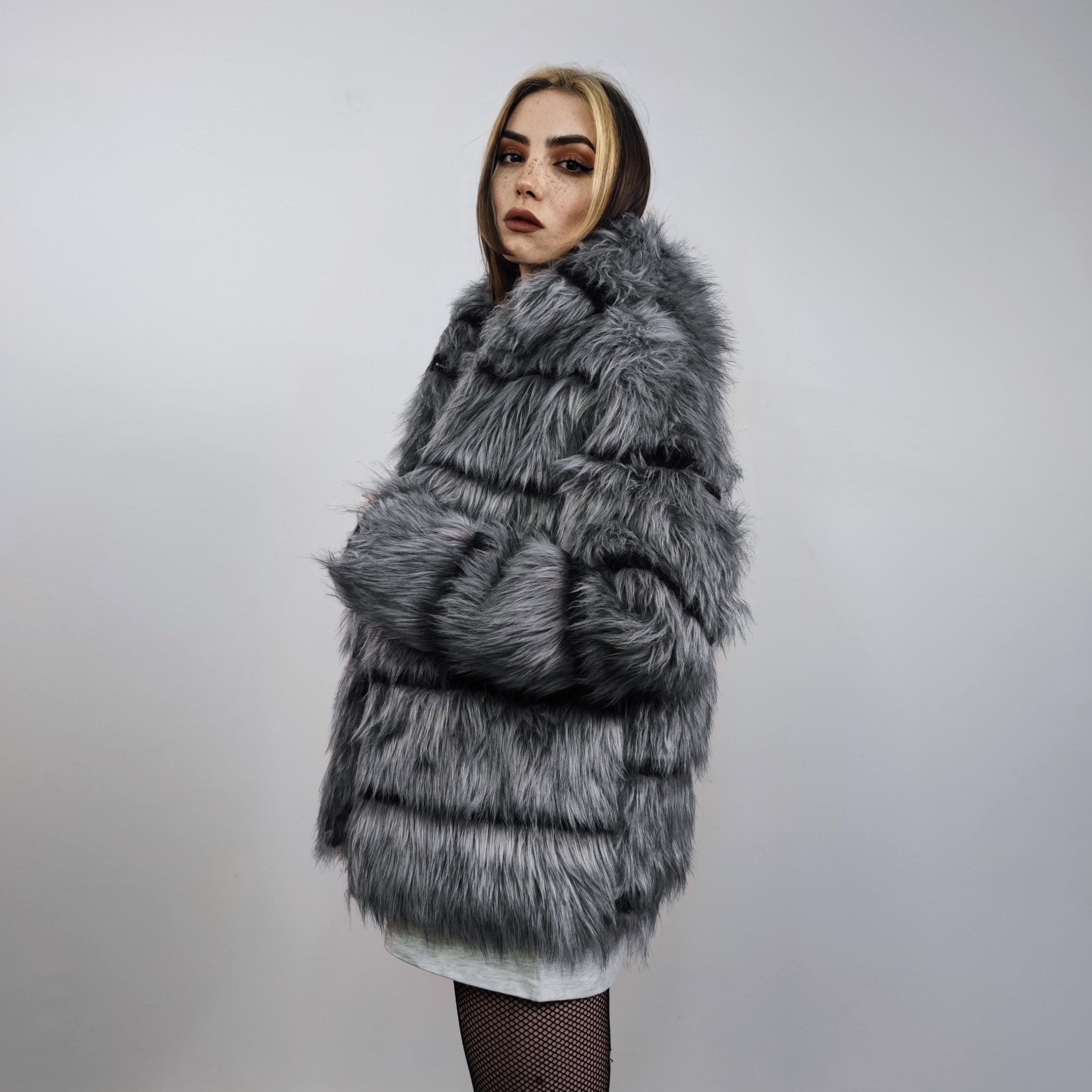 Grey Striped Faux Fur Hooded Jacket, Shaggy Unisex Coat - Etsy