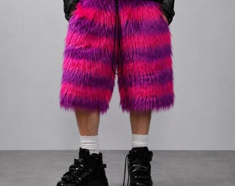 Pink Purple Striped Faux Fur Shorts, Shaggy Rave Bottoms, Wonderland Cat Costume Outfit, Custom Made Festival Wear