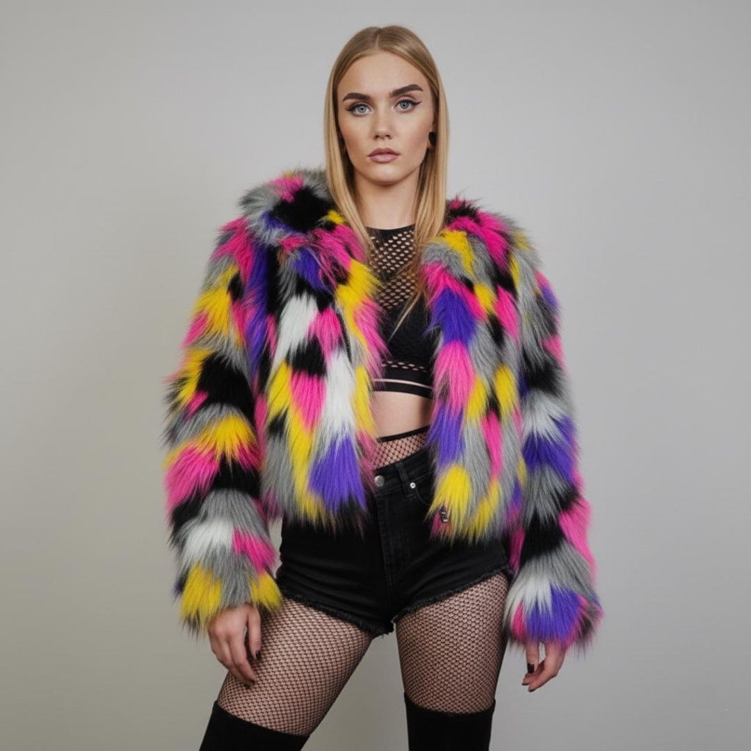 Rainbow Faux Fur Jacket, Cropped Shaggy Hoodie, Unisex Rave Festival ...