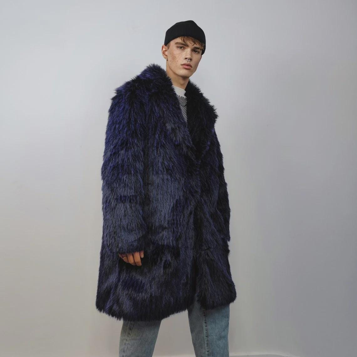 Shaggy Faux Fur Long Coat, Blue Luxury Fuzzy Trench, Luminous