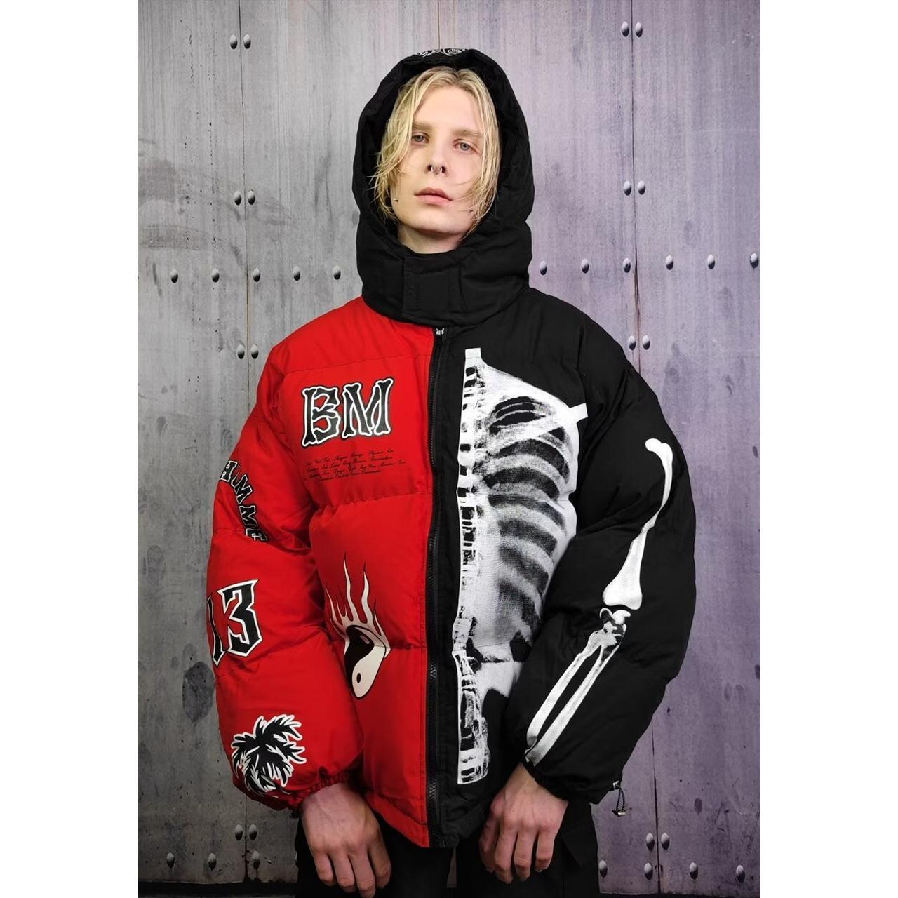 Skeleton Split Color Puffer Jacket, Grunge Bones Varsity Bomber