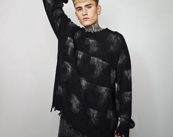 Washed Black Ripped Distressed Sweater, Grunge Textured Knit Jumper, Oversize Abstract Chain Pattern Pullover, Unisex Alt Streetwear