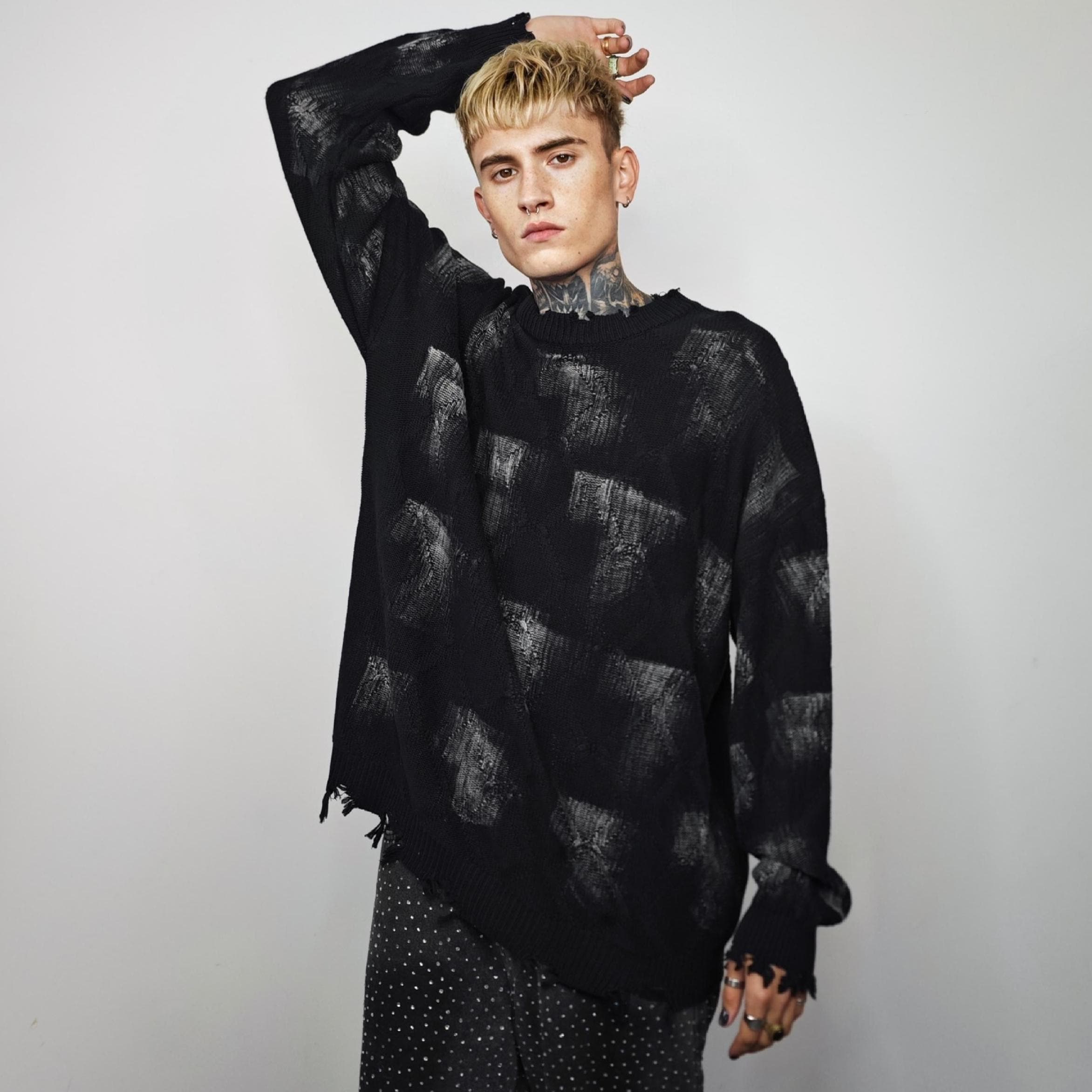 Washed Black Ripped Distressed Sweater, Grunge Textured Knit