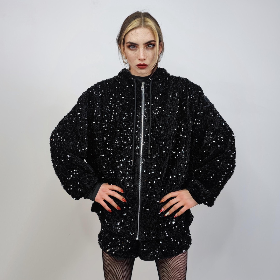トップス S sheer hoodie sparkles Black Sequin Hoodie, Glitter Pullover Sparkle Jumper, Party Top