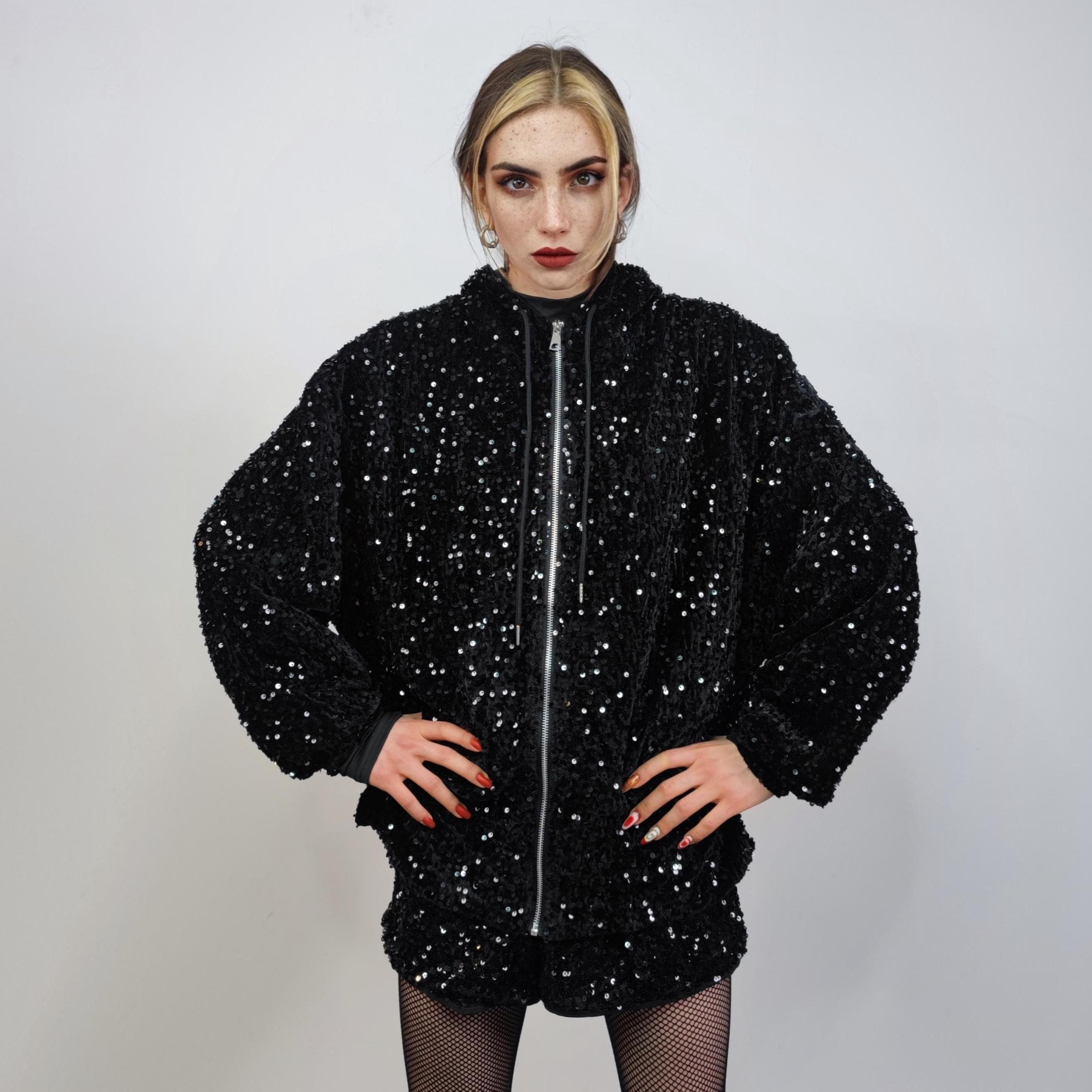 Black Sequin Hoodie, Glitter Pullover Sparkle Jumper, Party Top