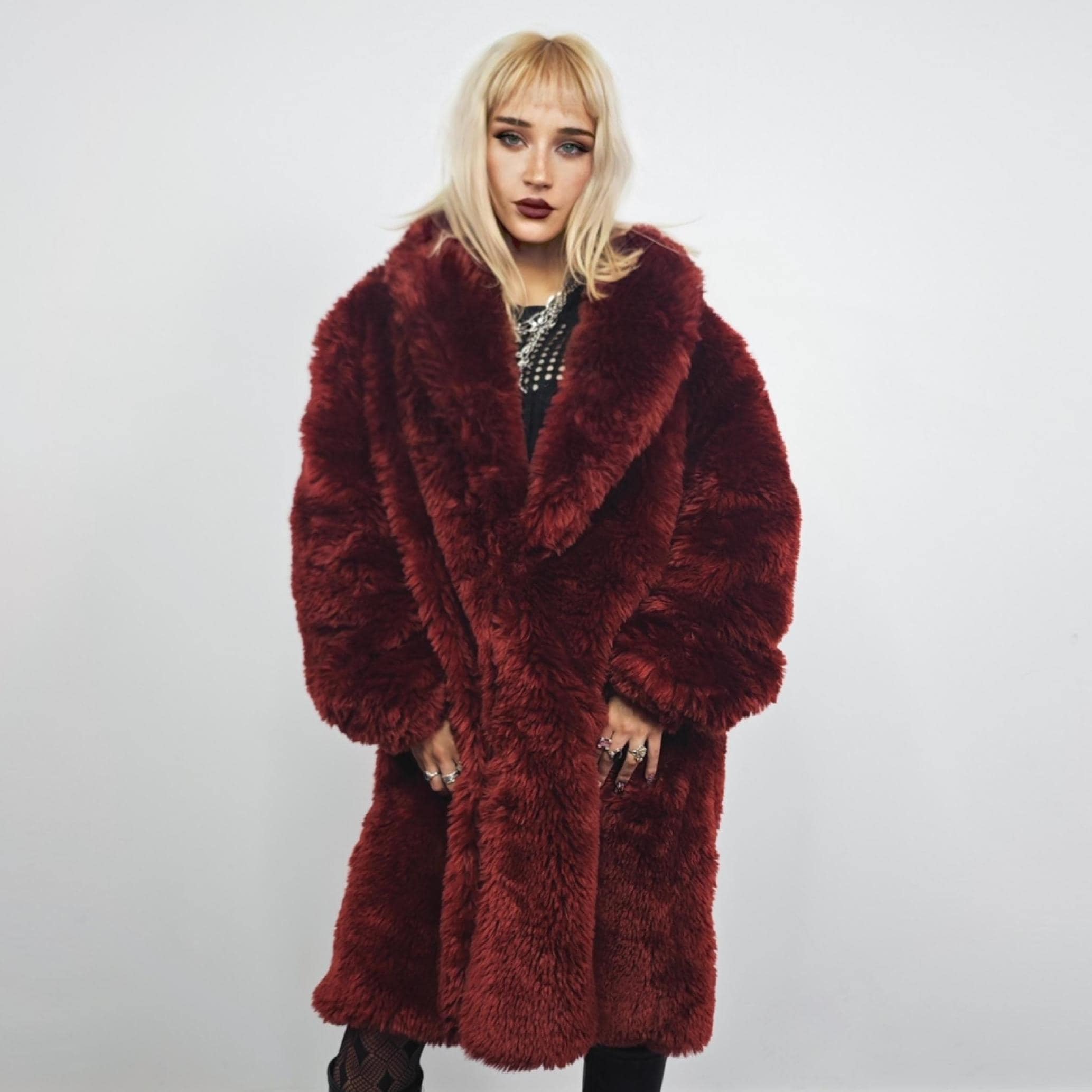 Burgundy Faux Fur Duster Coat: Shaggy Rave Festival Overcoat - Etsy