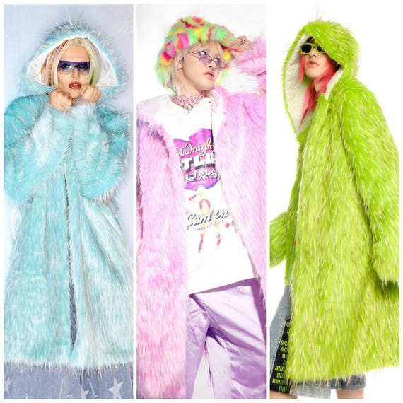 Luminous Lilac Haze Faux Fur Coat, Shaggy Hooded Rave Jacket