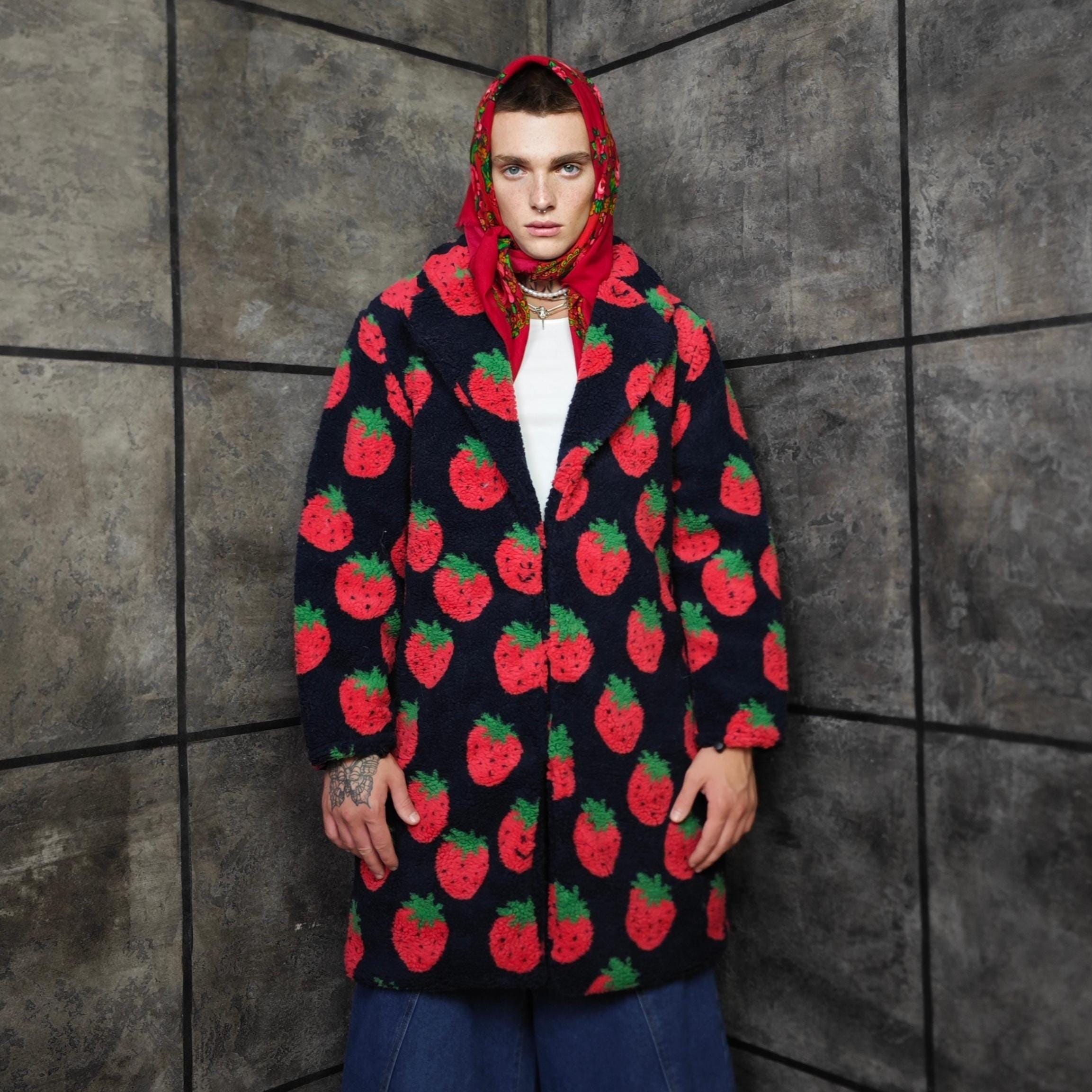 Retro Fleece Coat Red Black Strawberry Print Psychedelic Trench