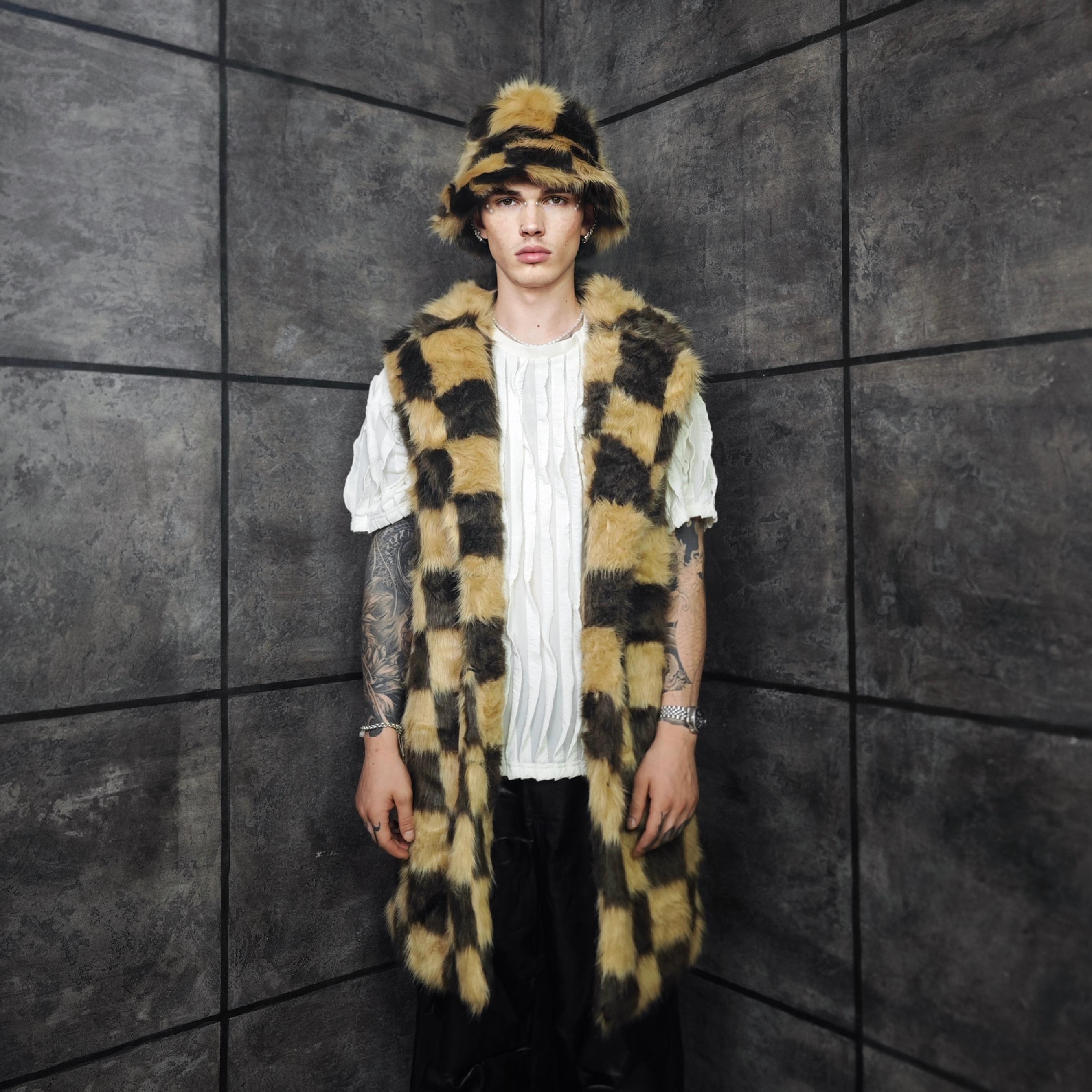 Checkered Faux Fur Coat Brown Checked Fluffy Festival Trench Fuzzy