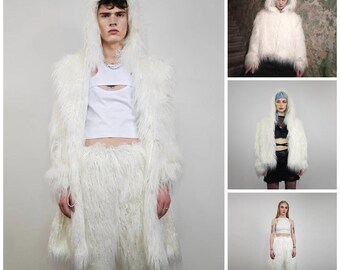 Black Shaggy Faux Fur Coat, Collarless Cropped Rave Jacket