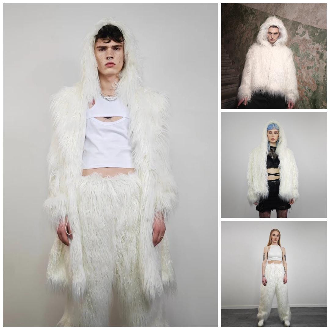 Black Shaggy Faux Fur Coat, Collarless Cropped Rave Jacket