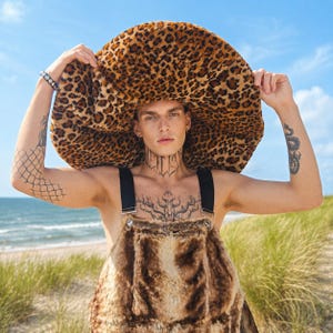 May include: An oversized wide-brimmed hat featuring a brown and black leopard print pattern made of faux fur, paired with matching brown and black faux fur overalls with black shoulder straps, worn over a bare chest with visible ink tattoos.