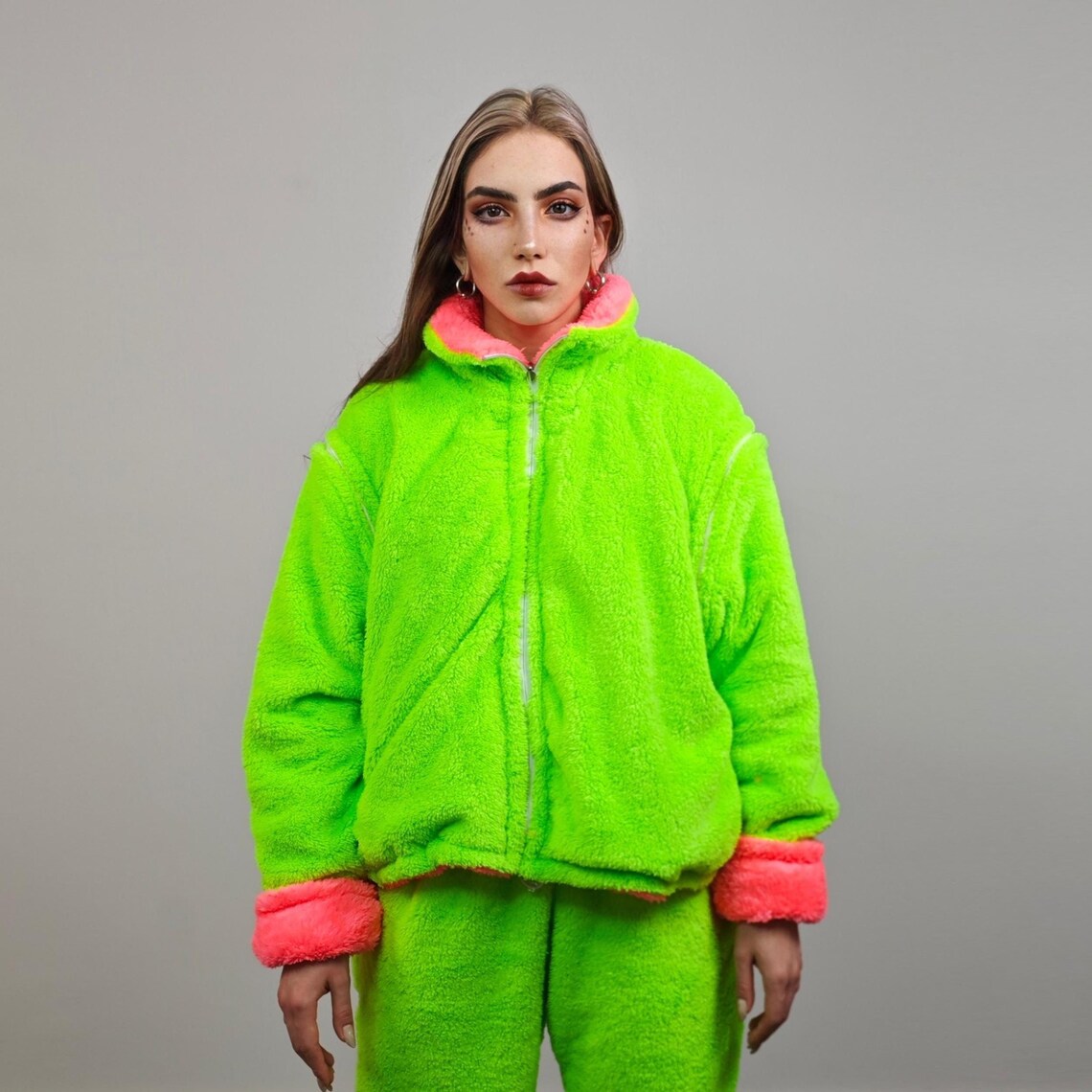 Neon Pink Fleece Rave Jacket Reversible Fluorescent Hooded Party Bomber ...
