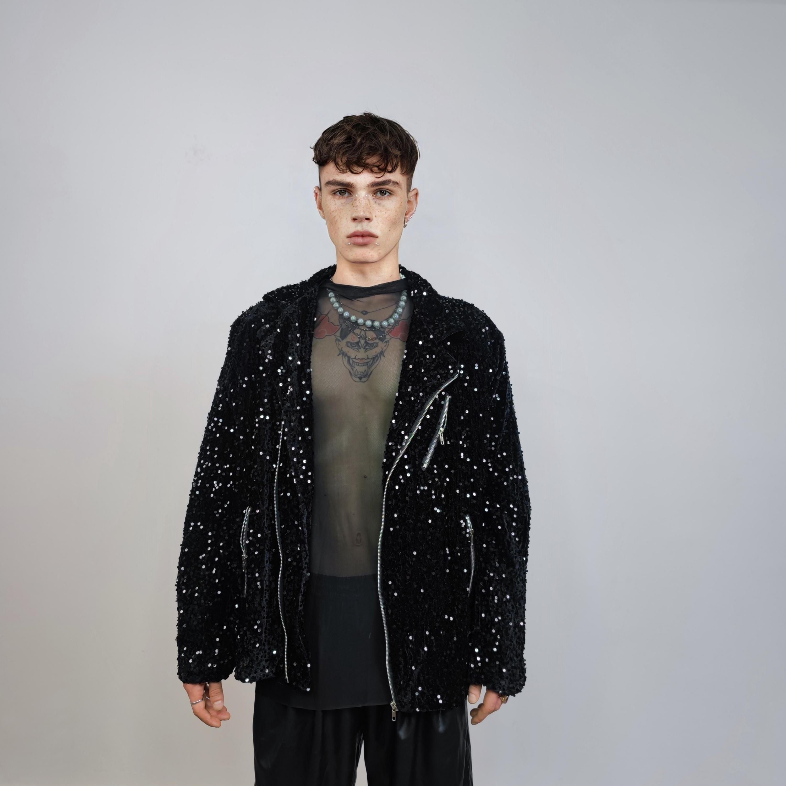 Black Sequin Biker Jacket, Unisex Glam Rock Coat - Etsy
