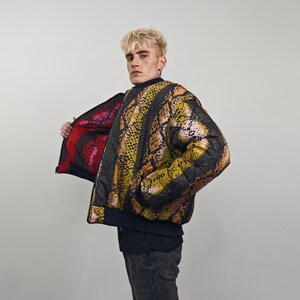 Snake print bomber brown python jacket reversible college varsity detachable sleeves handmade grunge rocker coat