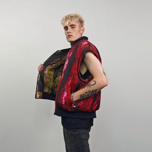 Snake print bomber red python jacket reversible college varsity detachable sleeves handmade grunge rocker coat