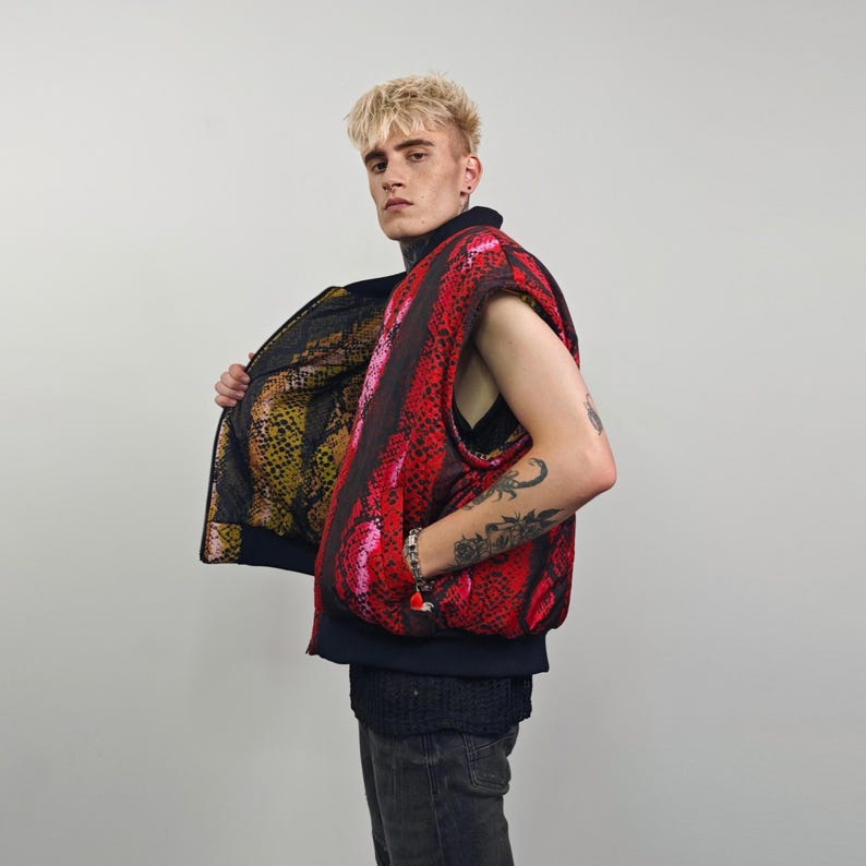 Snake print bomber red python jacket reversible college varsity detachable sleeves handmade grunge rocker coat