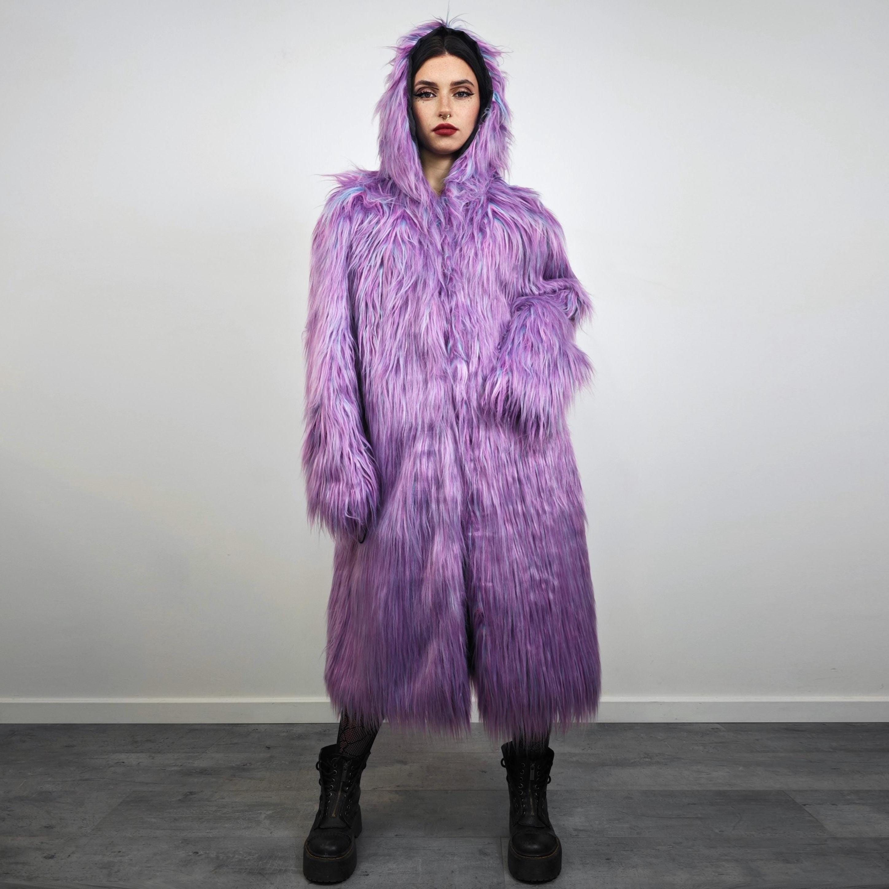 COS 紫 グラデーション fuzzyコート コクーンオーバーサイズ beams Shaggy Purple Haze Faux Fur Coat, Psychedelic Lilac Trench, Long