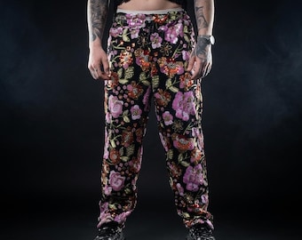 Black Floral Embroidered Joggers, Sequin Flower Pants, Rave Festival Streetwear Bottoms, Luxury Statement Trousers