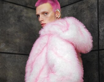 Luminous Pink White Faux Fur Cropped Trench, Candy Two Tone Shaggy Luminous Pink White Faux Fur Cropped Trench, Candy Two Tone Shaggy