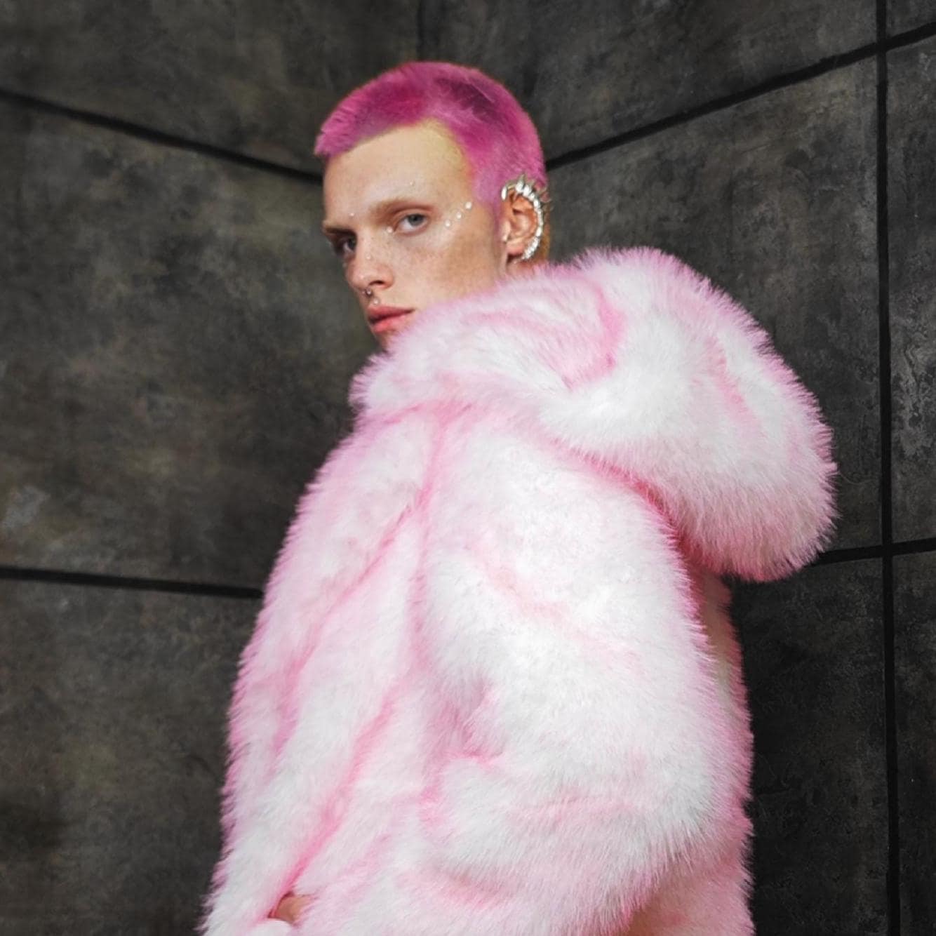 Luminous Pink White Faux Fur Cropped Trench, Candy Two Tone Shaggy