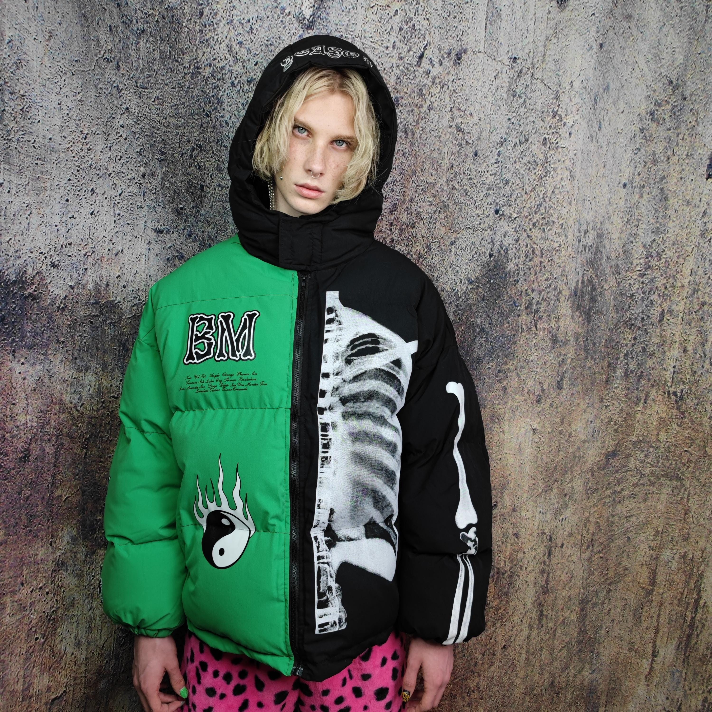Skeleton Split Color Puffer Jacket, Grunge Bones Varsity Bomber
